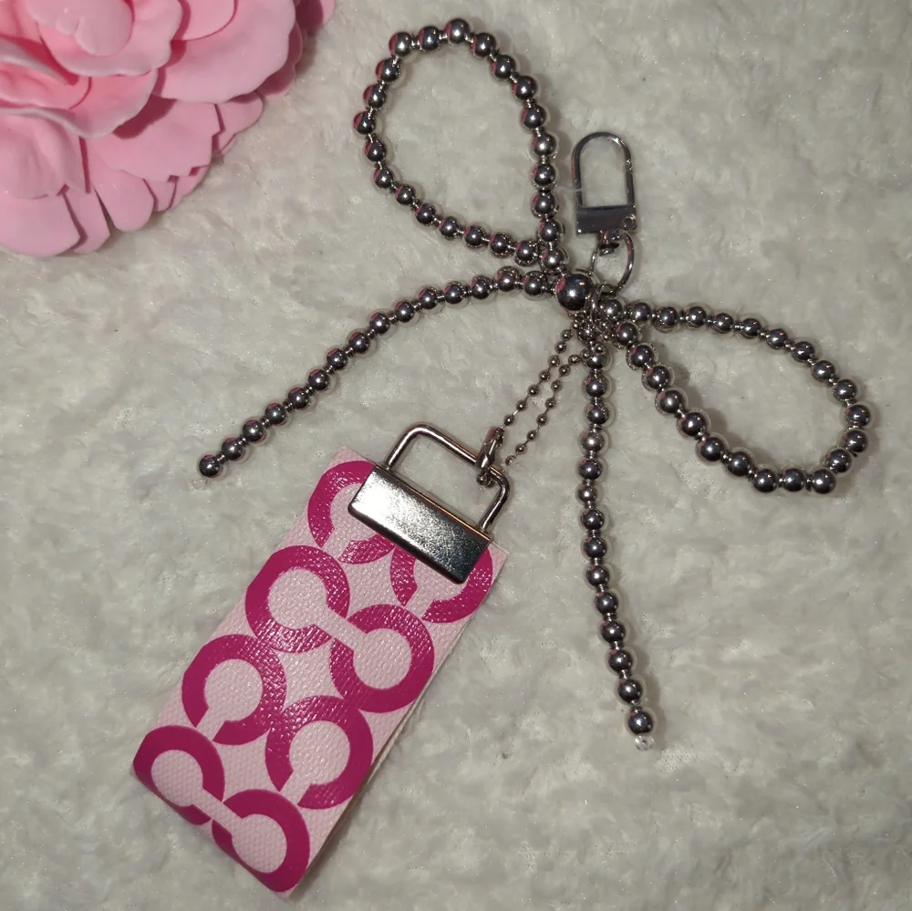 Coach Pink Signature Key Fob Upcycled From Bag with Silver Beaded Bow Charm